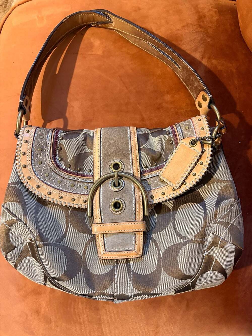 Coach Signature Buckle Studded Shoulder Bag